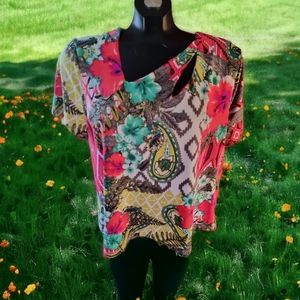 Erin Blair Abstract Floral Top With Unique Cut-out Neckline